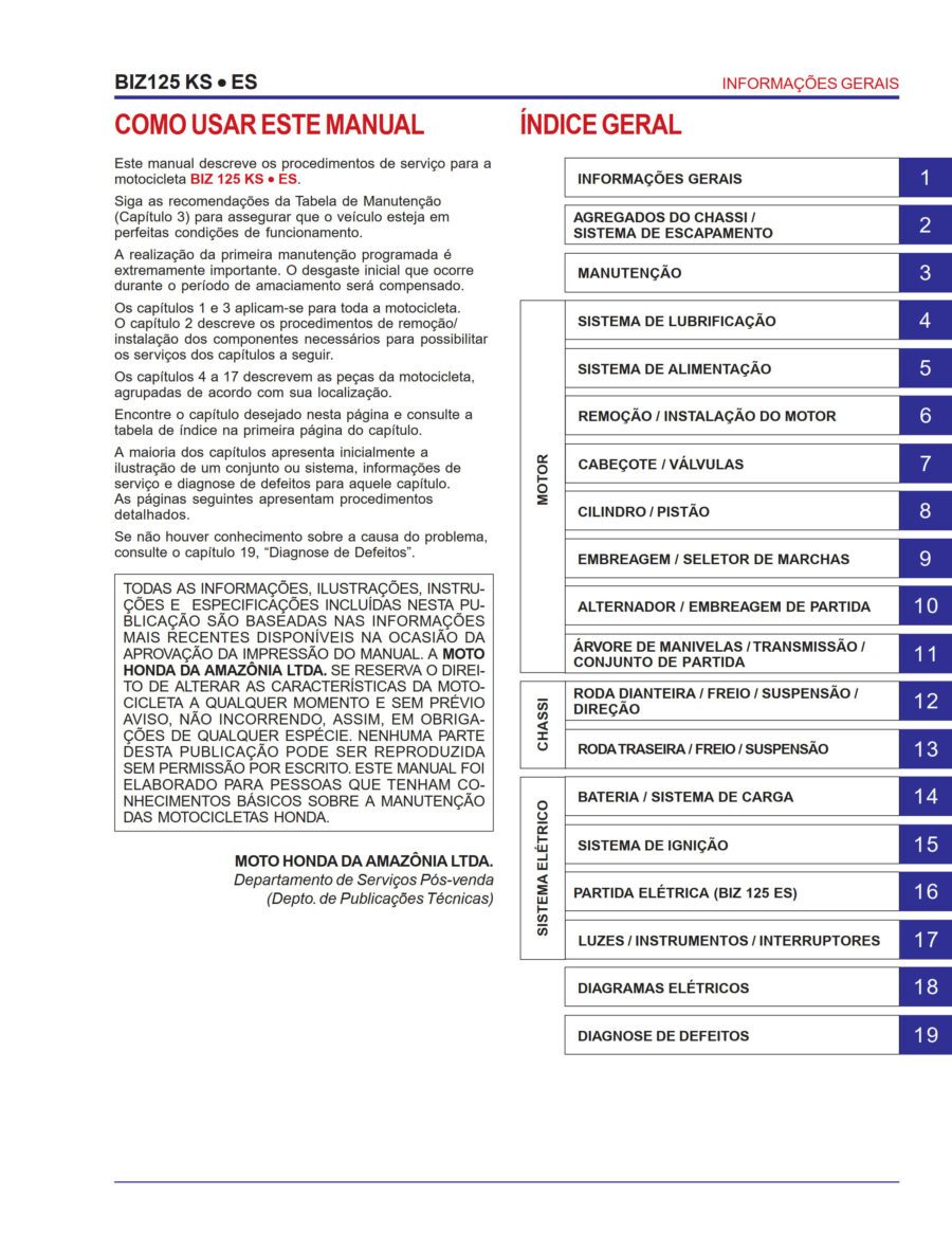 Manual De Serviços - Honda - BIZ 125 - KS - ES - Carburada - 2006 - 2008