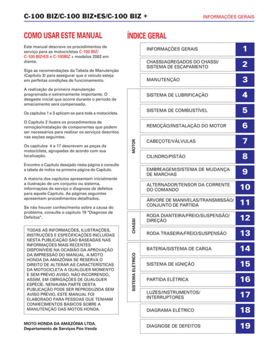 Manual De Serviços - Honda - C - 100 BIZ - 2002