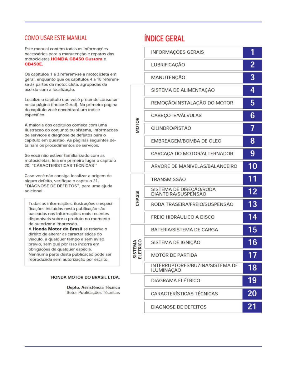 Manual De Serviços - Honda - CB 450 E - CB 450 - Custom - 1983