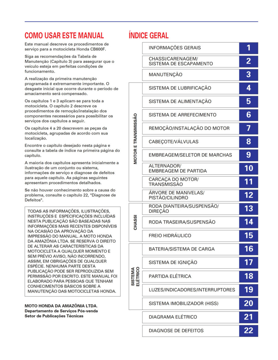 Manual De Serviços - Honda - CB 600F Hornet - 2004 - 2006