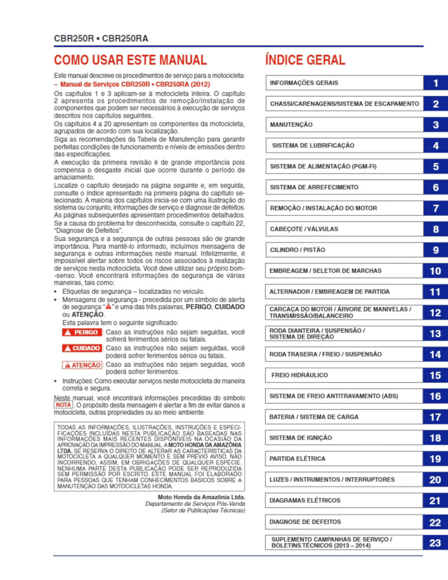 Manual De Serviços - Honda - CBR 250R - RA - 2012