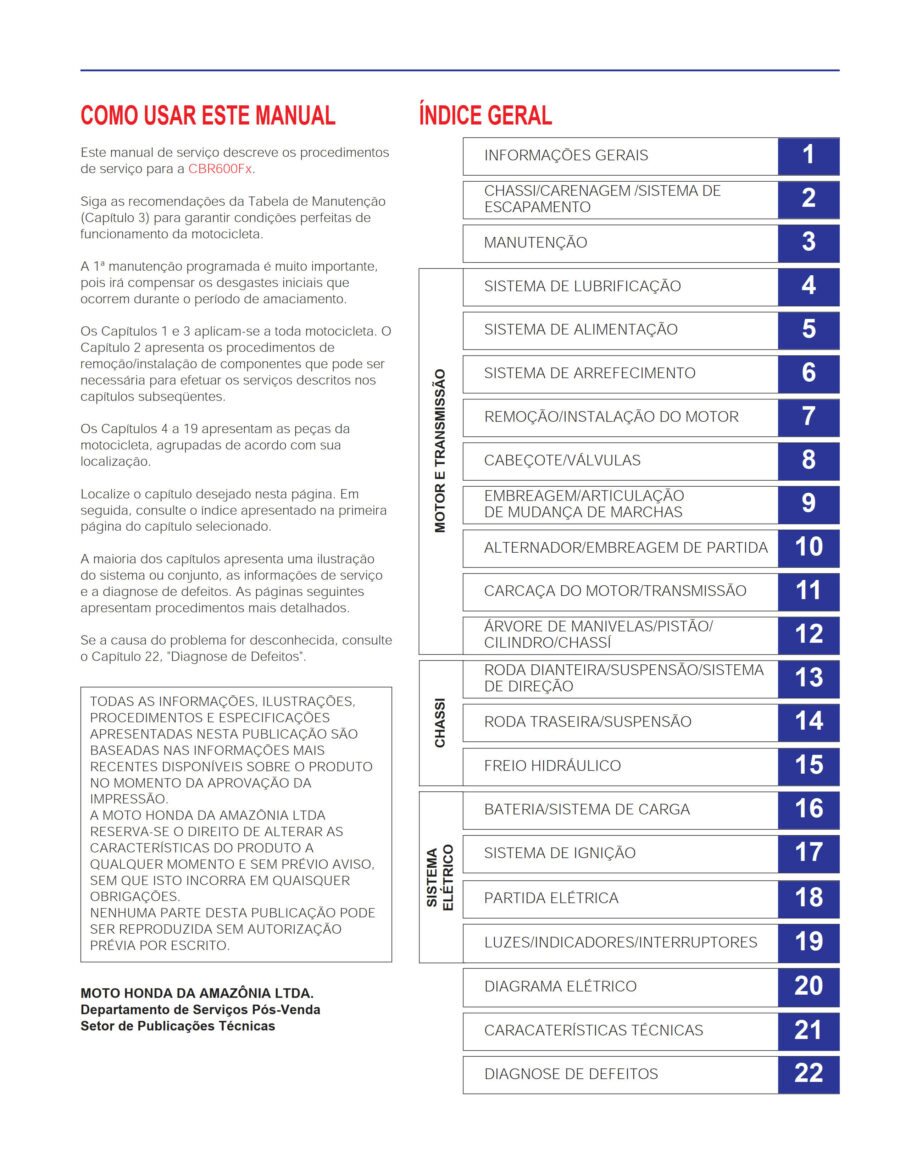 Manual De Serviços - Honda - CBR 600F - 1998 - 2000