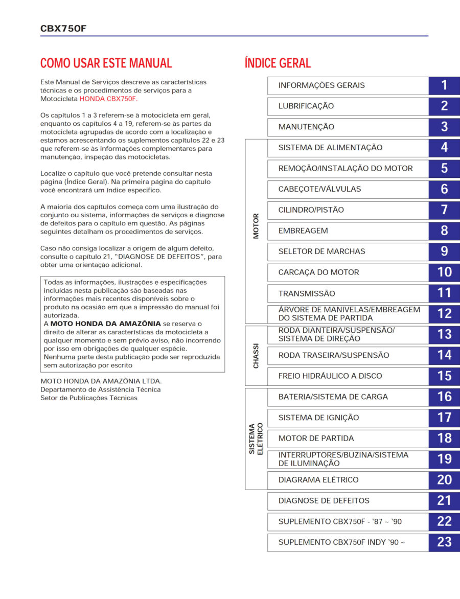 Manual De Serviços - Honda - CBX 750 F - 1987 - 1990