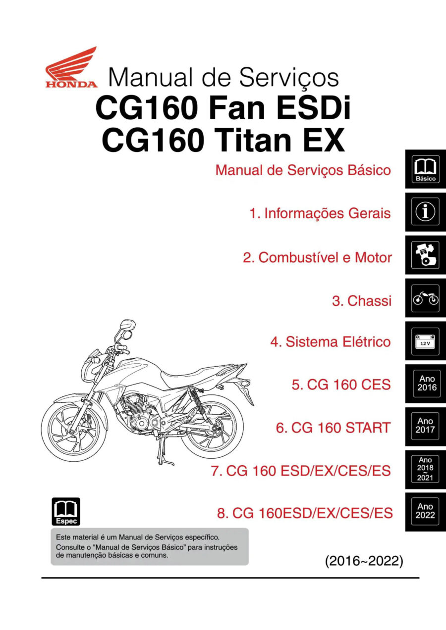 Manual De Serviços - Honda - CG 160 Titan - ES - ESD - EX - CES - Fan - ES - ESDi - Start - Cargo - 2016 - 2022