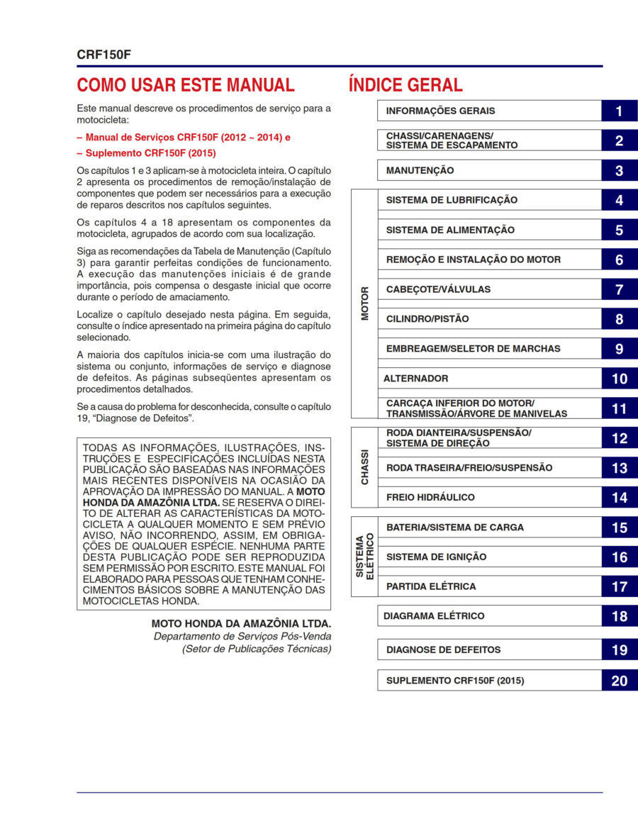 Manual De Serviços - Honda - CRF 150 F - 2012 - 2015