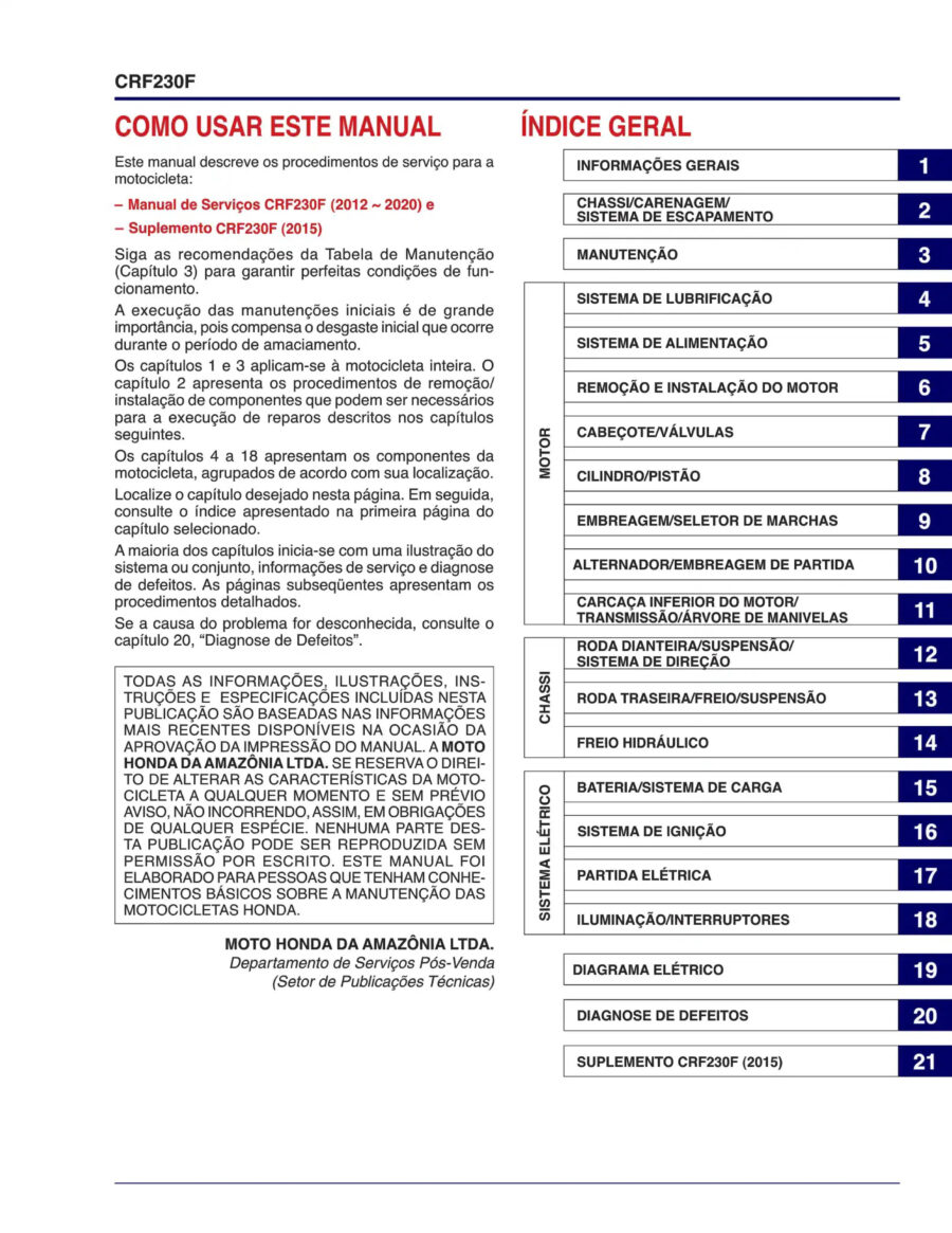 Manual De Serviços - Honda - CRF 230 F - 2012 - 2020