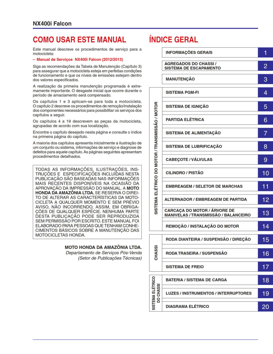 Manual De Serviços - Honda - NX 400i Falcon - 2012 - 2013