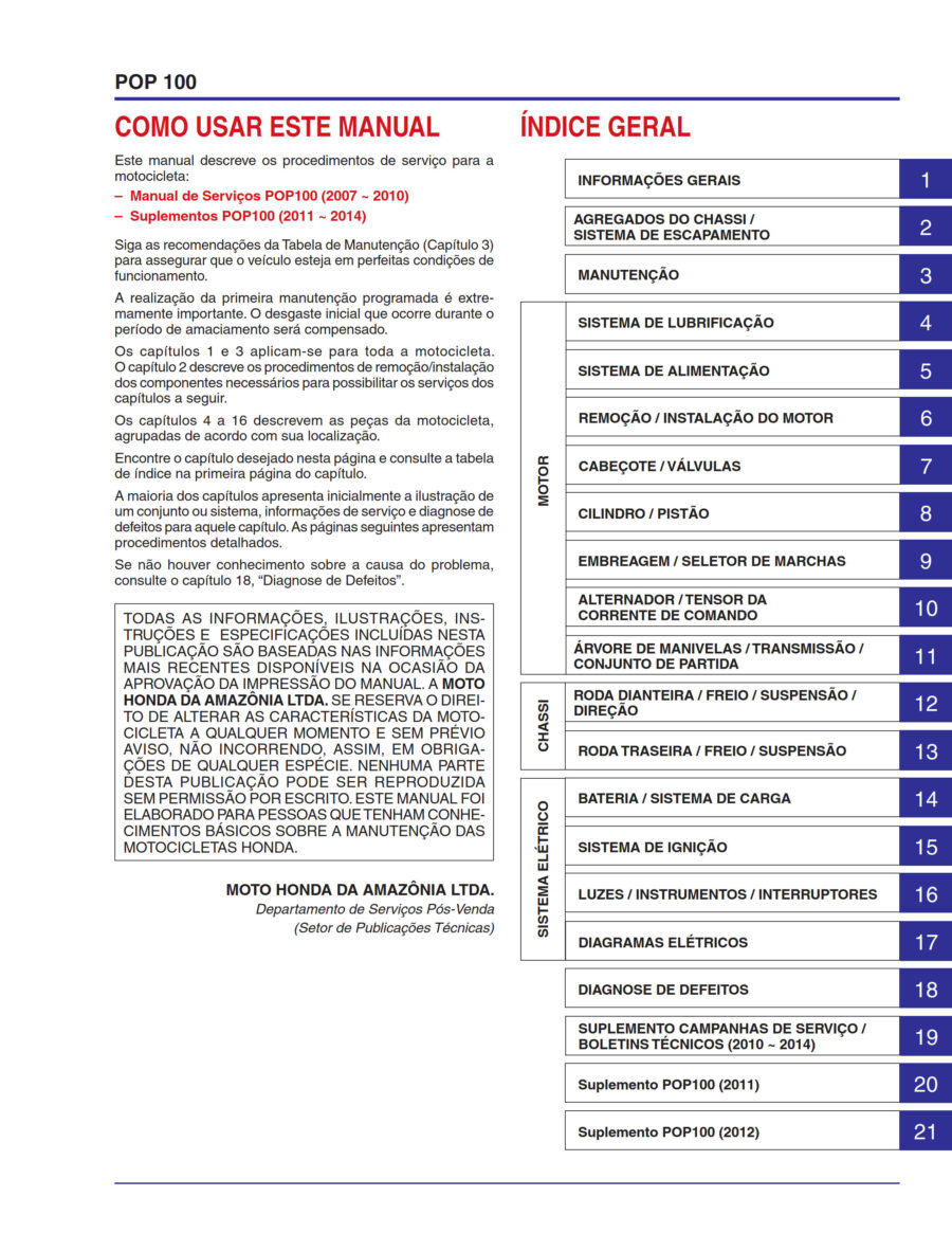 Manual De Serviços - Honda - POP 100 - 2007 - 2015