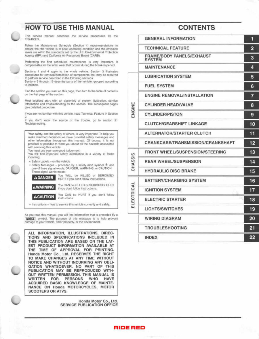 Manual De Serviços - Honda - TRX 400 X - EX - 2005 - 2009