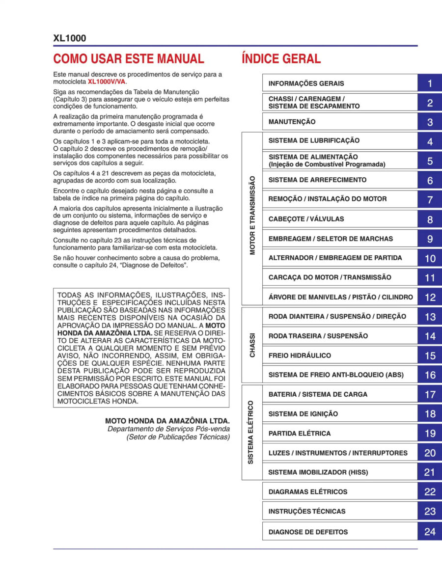 Manual De Serviços - Honda - XL 1000 V - VA - 2007 - 2009