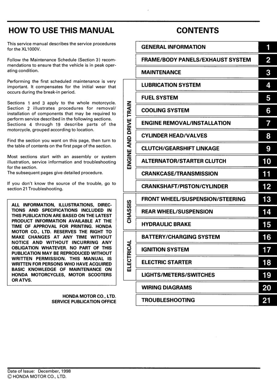 Manual De Serviços - Honda - XL 1000V Varadero - 1998