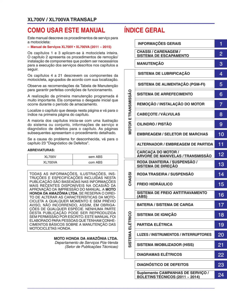 Manual De Serviços - Honda - XL 700 TRANSALP - 2011 - 2015