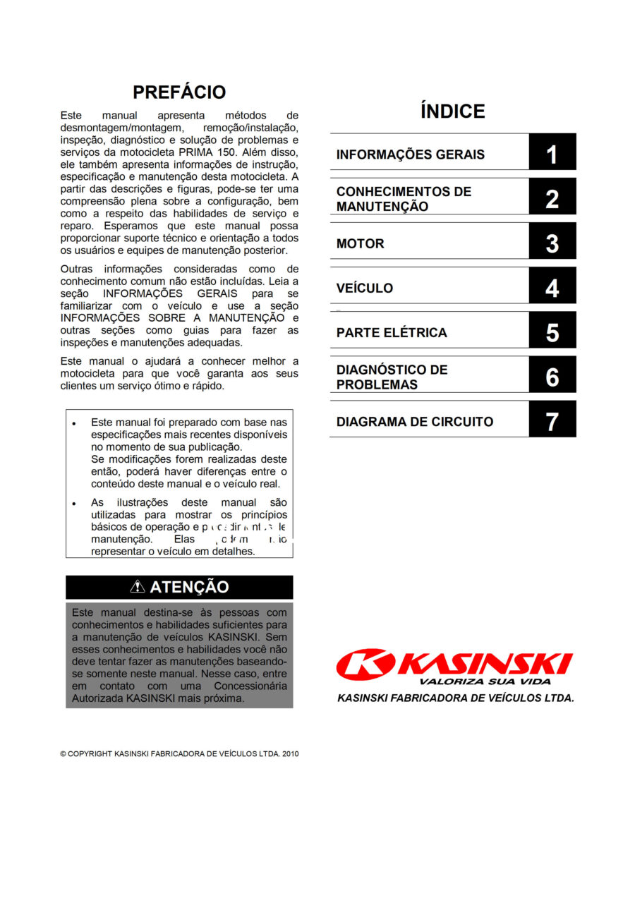 Manual De Serviços - Kasinski - Prima 150 - 2010